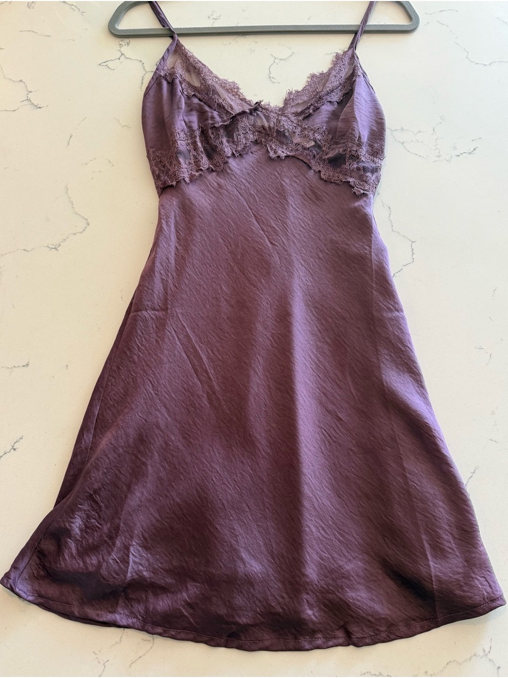 Le Lis Lace-Trim Satin Slip Dress in Plum - Picture 2 of 5